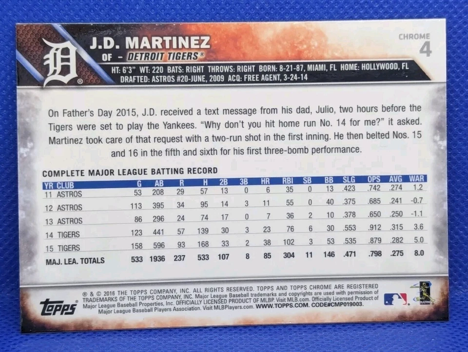 J.D. MARTINEZ 2016 Topps Chrome PINK REFRACTOR #4 Detroit TIGERS - Image 2 of 4