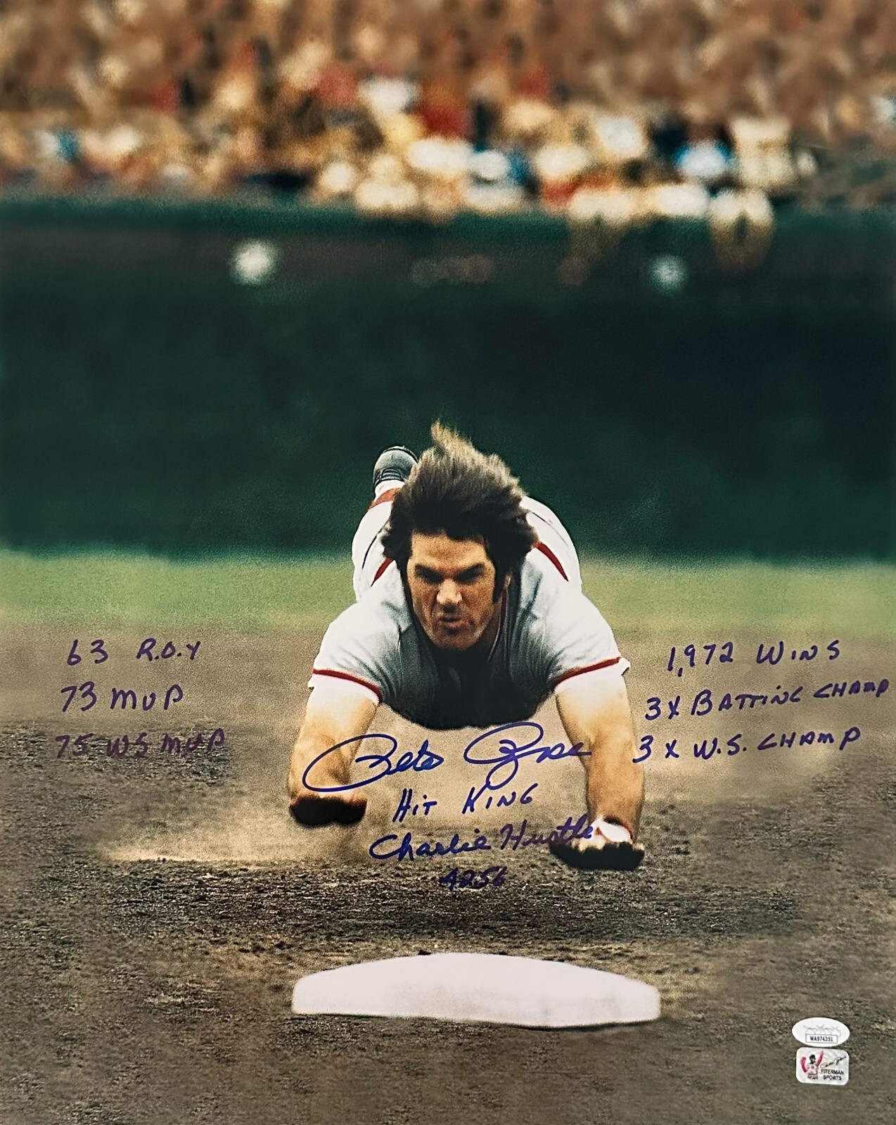 Pete Rose Autographed Signed Cincinnati Reds 16x20 Photo JSA & Exclusive Authen #5 w/9 inscrip 