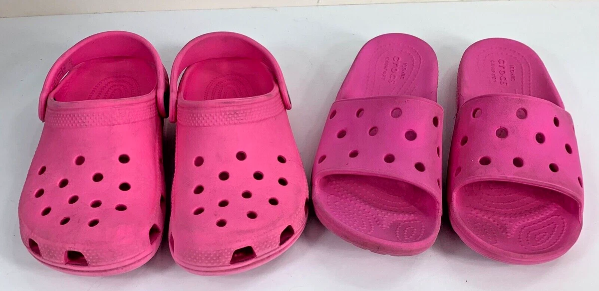 Girls Cocs 2 pair PLAY Crocs Size 1 Big Kid 2 Pink Clogs Slides Well Loved