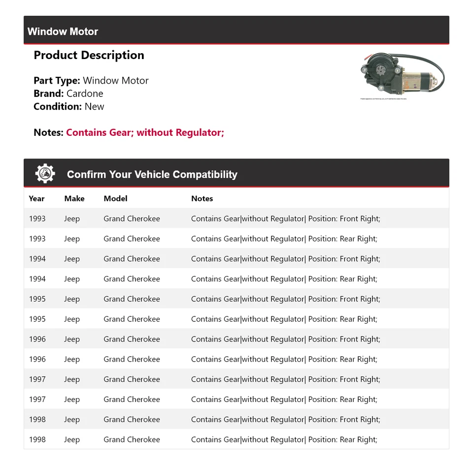 Jeep Grand Cherokee 1993-1998 ventana motor cardone 1994 1995 1996 1997 Foto 2 de 4
