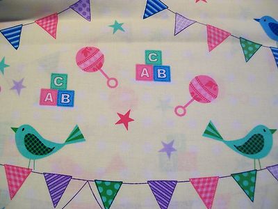 Nursery Baby Yellow Birds Flags ABC Blocks - AMF Cotton Fabric - BTY