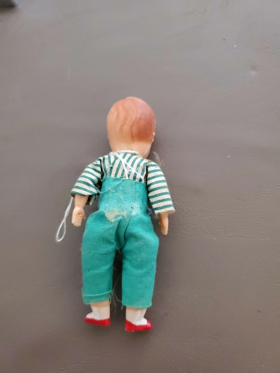 Vintage Tiny Plastic Boy Doll Creepy No Eyes Red Hair Green Outfit