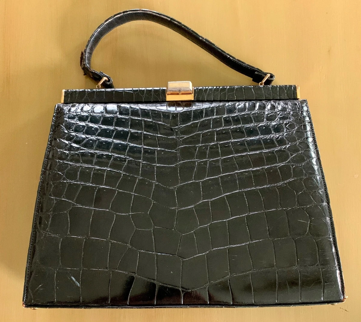 Vintage L Magin Co Black Alligator Crocodile Purse Handbag 50s 60s