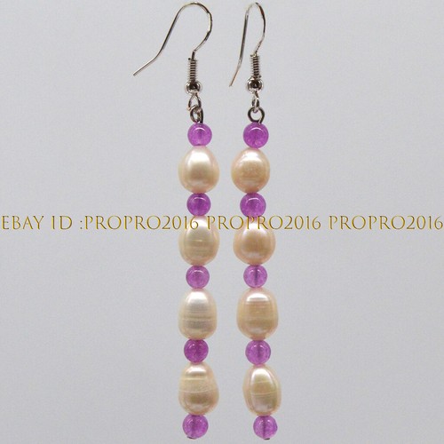 Pendientes colgantes de gancho plateado de 4 mm gemas multicolores naturales y perlas de arroz blanco de 7-8 mm - Imagen 21 de 64