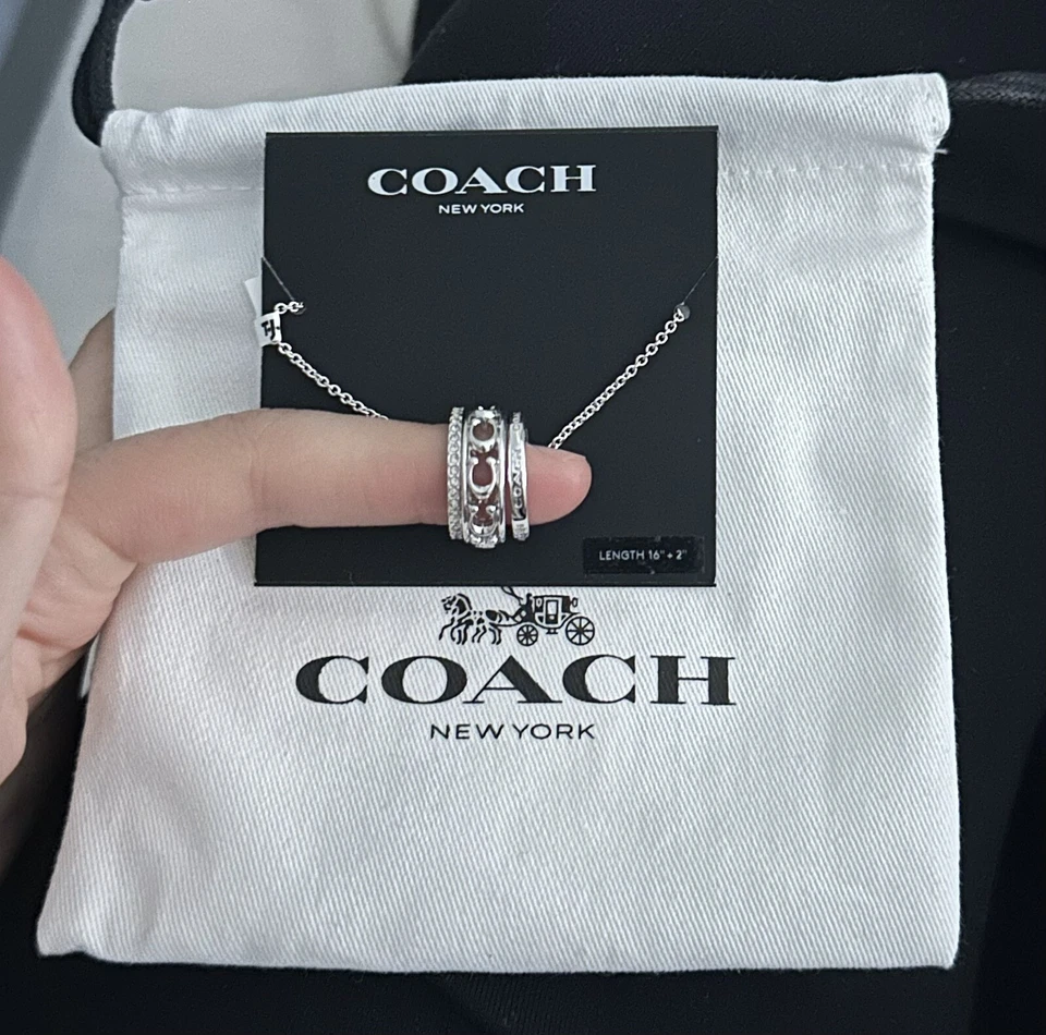 COACH SIGNATURE TRIO 3 RINGS FINE SILVER PLATED NECKLACE NWT!