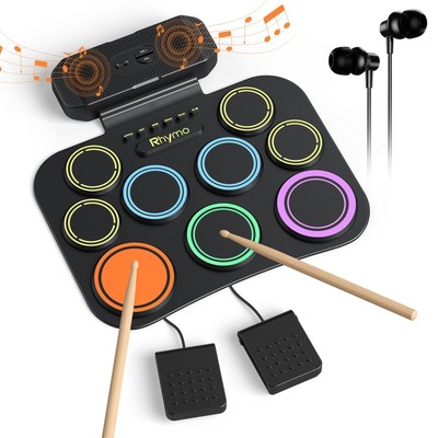 Rhymo Electronic Drum Set, 9 Pads Roll Up, Built-in Speaker Drum Pedals and S...