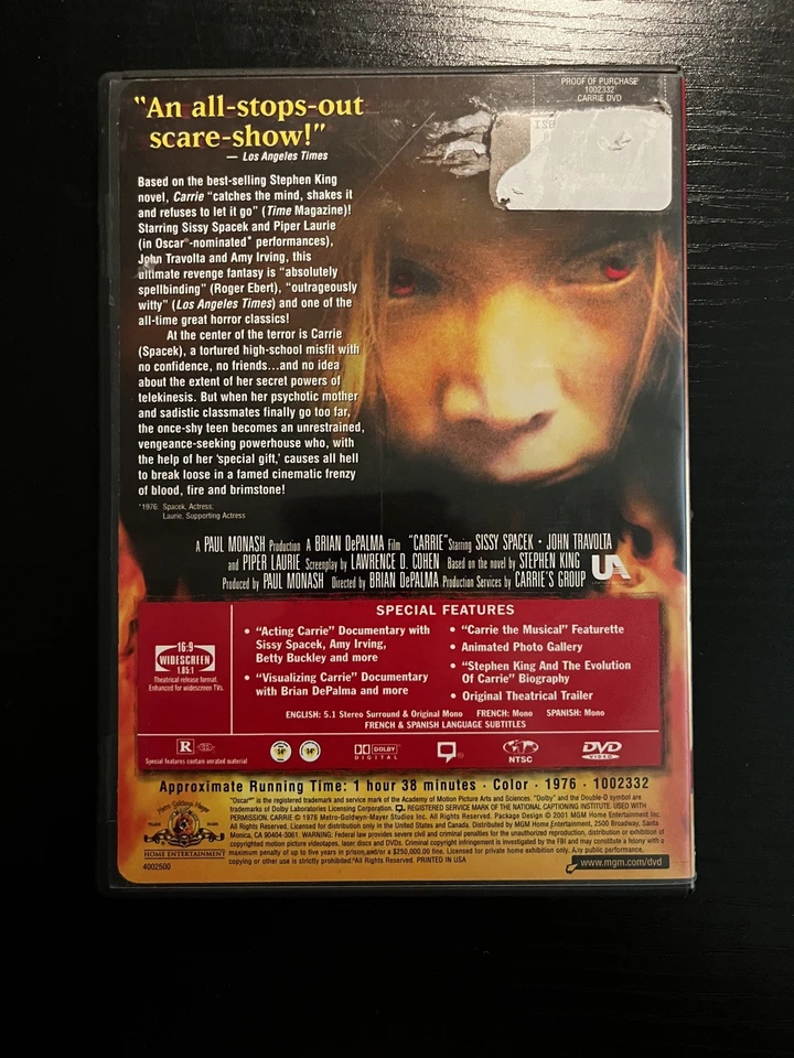 Carrie (DVD) Special Edition Original Version:  Steven King: VG+  - Image 2 of 4