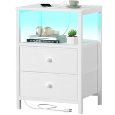 White Nightstand with Charging Station, LED Night Stand with 2 Fabric Drawers...