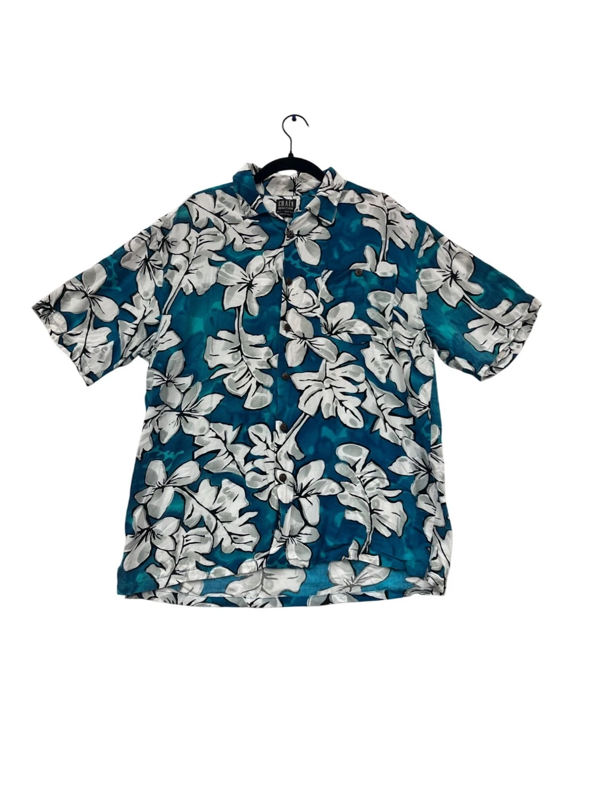Chain Reaction Teal Blue Floral Hawaiian Shirt Short Sleeve L #512A