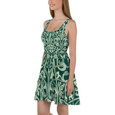 Green Baroque Skater Dress Women's Mid-Thigh Flare Waist Vintage Pattern