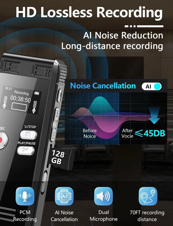 Voice Activated Recorder 128GB - Noise Cancelling - Image 4 of 4
