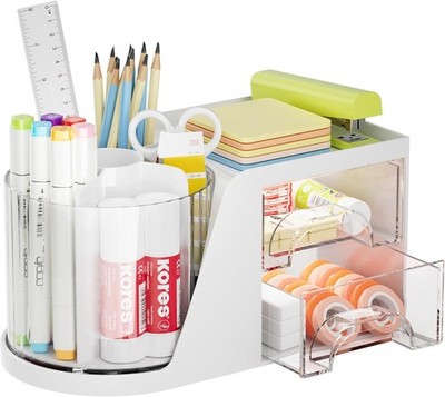 360° drehbarer Schreibtisch Organizer Stifthalter mit 5 Fächern & Schubladen, weiß