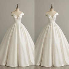Classic Wedding Dresses Off The Shoulder Satin A Line Sweep Train Bridal Gown