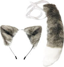 2 Pcs Faux Fur Fox Wolf Cat Ears Headband and Tail Cosplay Costume  Handmade Fu