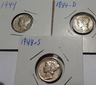 Lot of (3) 1944 P D S SILVER Mercury Dimes - Higher Grade