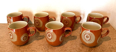 Denby Fire Chili Pattern Swirls Contemporary (7 ) Mugs 4'' H made in England MINT