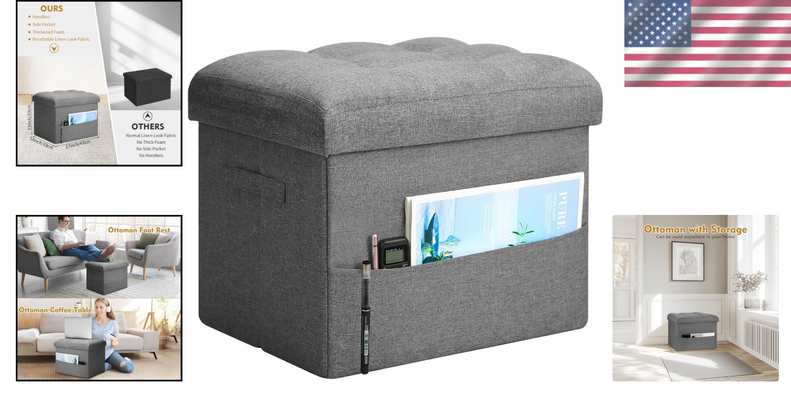 Storage Ottoman with Thick Foam Padded Seat Foldable Foot Rest Stool 43L