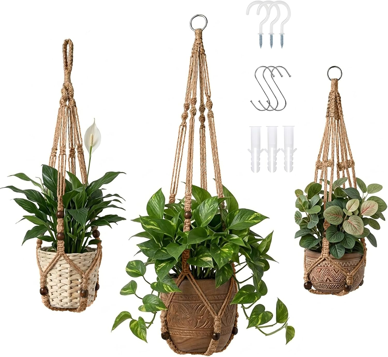 Macrame Plant Hanger 3 Pack, Jute Hanging Planter Holder Set, Brown, 35 ...