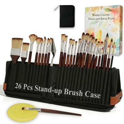 26Pcs Paint Brush Set with Stand-Up Brush Case, Travel Watercolor Acrylic Pai...