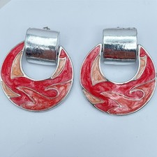 Vintage 80s Red Orange Enamel Door Knocker Clip-On Earrings Silver Tone Jewelry