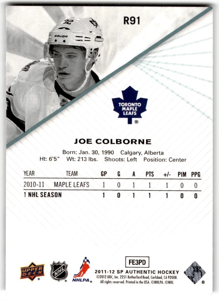 Joe Colborne 2011-12 SP Authentic Extended Rookie #R91 Toronto Maple Leafs - Image 2 of 2