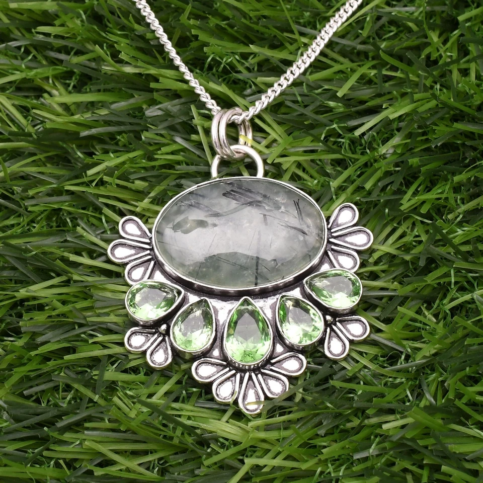 Ciondolo prehnite in argento sterling 925 con pietre preziose fatte a mano 2,15" - Immagine 4 di 4