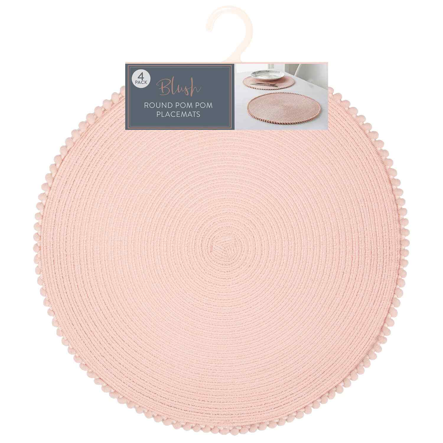 Set Of 4/8 Table Place Mats Blush Pink Grey Ochre Yellow Round Pom Pom