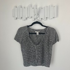 White House Black Market Short Sleeve Crochet Bolero Button Up Sweater Gray - S