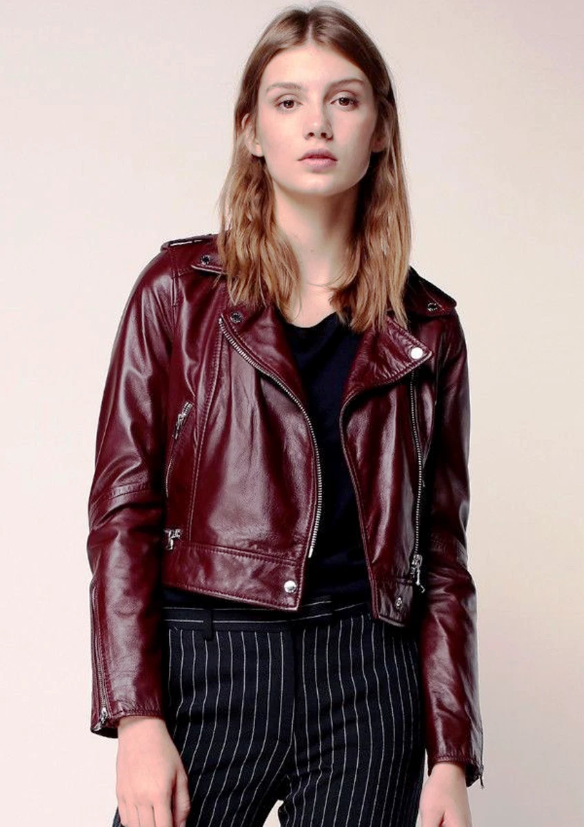 Burgundy leather 2025 jacket womens