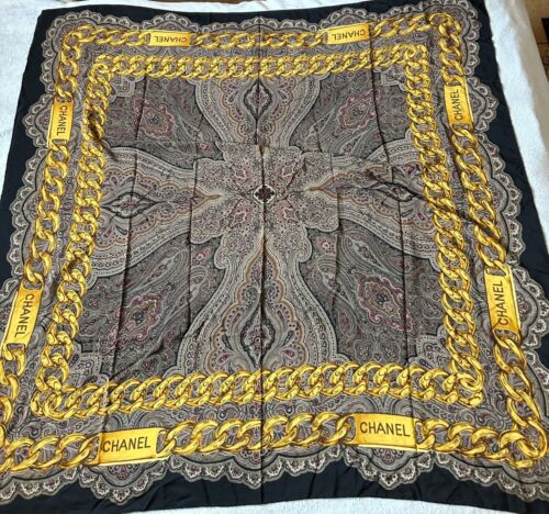 CHANEL VINTAGE PAISLEY & CHAIN DESIGN SILK SCARF