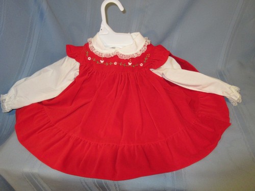 vintage toddler dress red velour pinafore full circle jumper long sleeve 24 ms - Picture 2 of 9