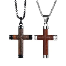 Cool Mens Boys Stainless Steel Natural Wood Cross Pendant Necklace Women Chain