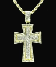 Mens Iced Cz Cross Pendant 14k Gold Plated 24" Rope Chain Hip Hop Necklace