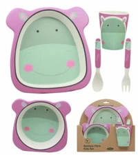 Pink Hippo 5 Piece Organic Bamboo Dinnerware Set For Kids Children Toddler Baby