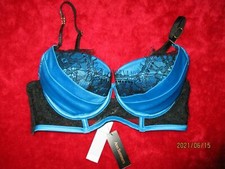 Image of ANN SUMMERS UNDERWIRED BLUE/BLACK BALCONY BRA SIZE 32 B NWT 'ADALICIA'