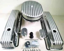 58-86 SBC Retro Finned Short Valve Covers/ Breather PCV/Gasket + 12" Air Cleaner