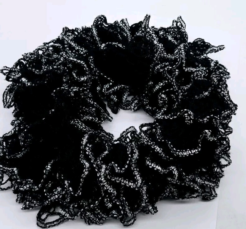Handmade Crocheted Fashion Ruffle Scarf Black Metallic Silver