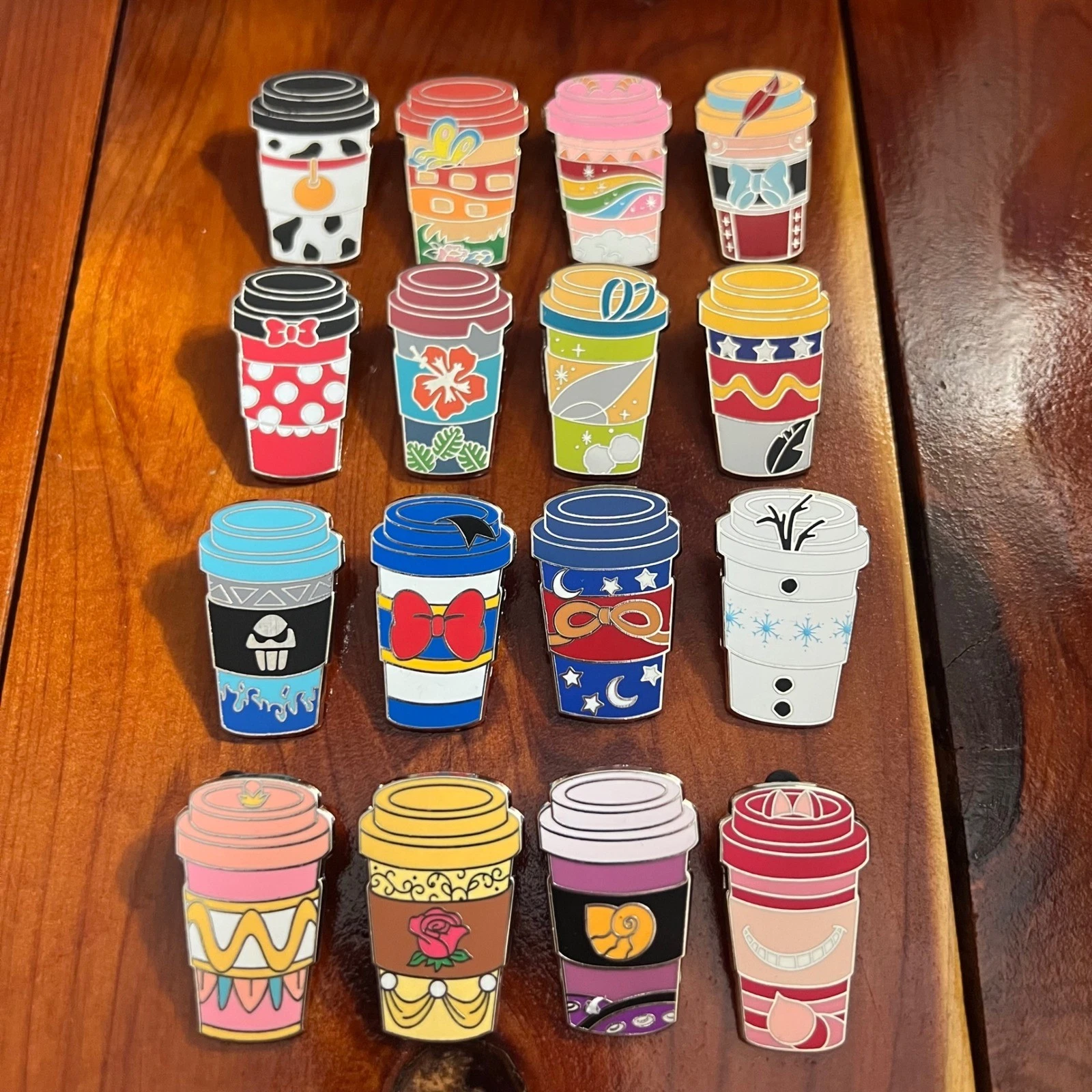 Complete Set 16 Disney Character Coffee Cup Travel Mug Mystery Trading Pins