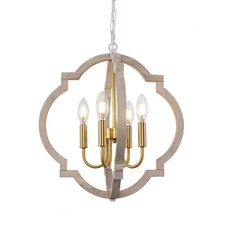 4-Light Wood Dimmable Rustic Gold Chandelier w/ Remote