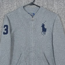 Polo Ralph Lauren Cardigan Sweater Boys Medium 10 12 Gray Full Zip Big Pony