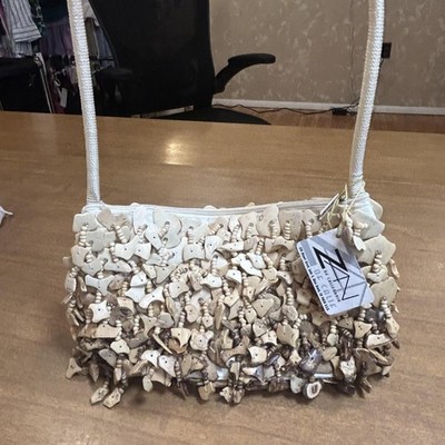 Zan Of California VTG Shoulder Bag Womens Small Beige Beaded Boho Beach Purse