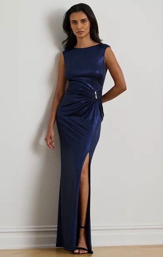 Lauren Ralph Lauren Buckle-Trim Metallic Jersey Gown In Multi Blue New Size 16