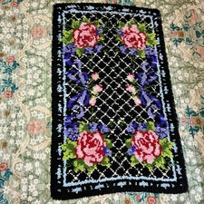 Vintage Floral Roses Latch Hook Rug With Purple Bows And Black Background 51x31