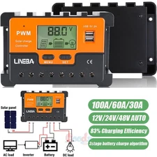 100A/60A/30A PWM Solar Charge Controller 12V/24V/48V Battery PV Regulator USB