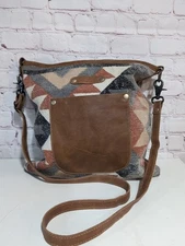Myra Angle Tangle Leather And Aztec Southwest Canvas  Shoulder Crossbody Bag
