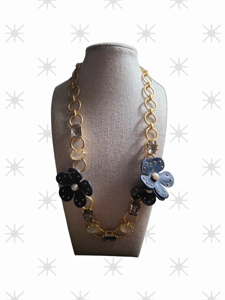 Kate Spade "Blooming Bling" Navy Leather Floral Goldtone Statement Necklace - Image 2 of 3