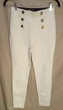 Zara Cream High Waisted Skinny Pull On Pants Gold Button Detail Size Medium