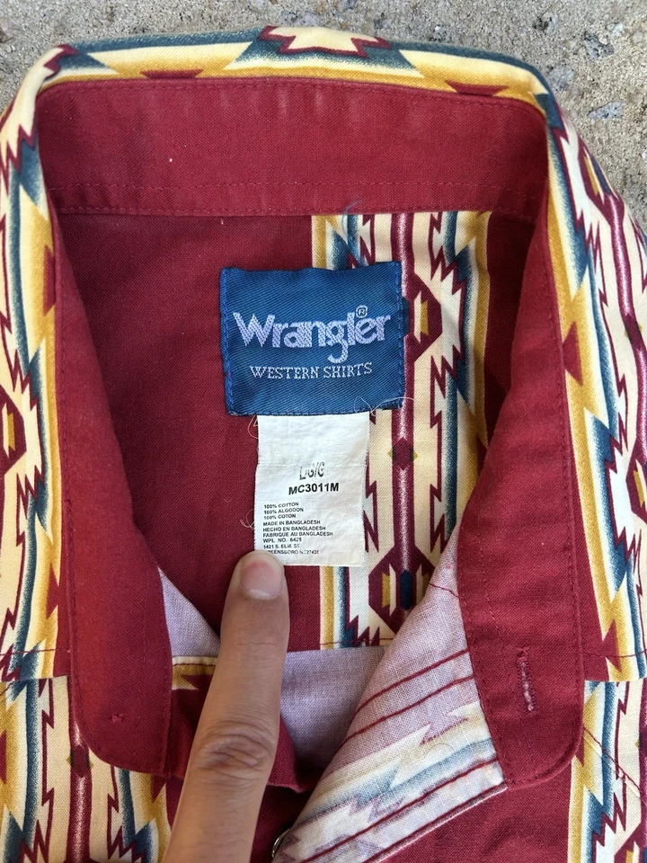 Camisa vaquera geométrica azteca vintage de los 90 Wrangler Pearl Snap vaquera grande para hombre Foto 2 de 4