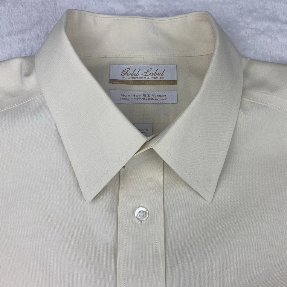 Camisa de vestir Roundtree & Yorke etiqueta dorada para hombre 16,5-36 amarilla por la mañana sin hierro Foto 3 de 4