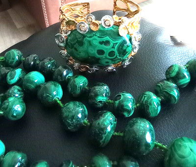 Green malachite topaz sterling GP brutalist style bracelet (Barthe) and necklace